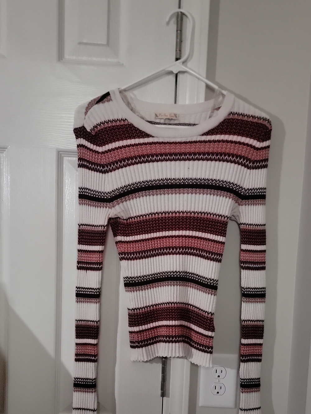 It's Our Time Ribbed Crewneck Sweater in White, Pink & Burgundy